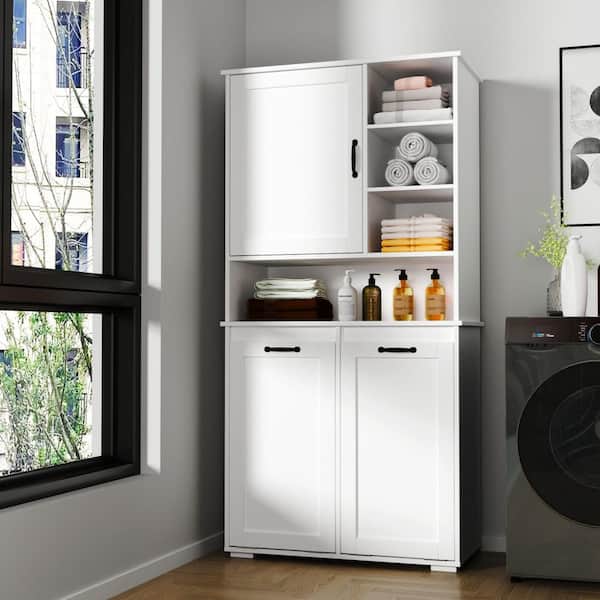 31.5 in. W x 15.75 in. D x 62.99 in. H White Linen Cabinet with Adjustable Shelf, Tilt-Out Laundry Hamper in White