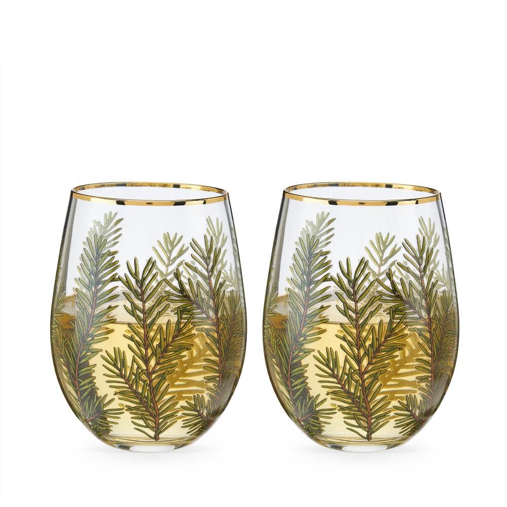 Winter Woodland Stemless Wine Glasses with Gold Rim, 16oz, Set of 2
