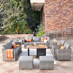 Eufaula Gray 13-Piece Wicker Modern Outdoor Patio Conversation Sofa Set with a Storage Fire Pit and Dark Gray Cushions