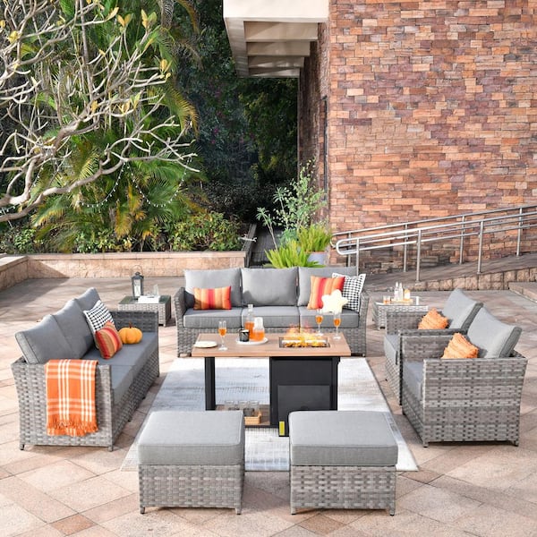 Toject Eufaula Gray 13-Piece Wicker Modern Outdoor Patio Conversation Sofa Set with a Storage Fire Pit and Dark Gray Cushions