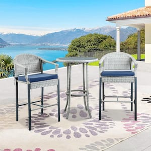 3 Piece Gray Frame Wicker Outdoor Bistro Set, with Blue Cushions and Round Top Coffee Table, for Garden Poolside