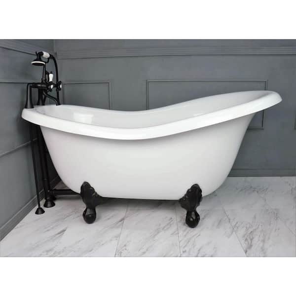 American Bath Factory 60 in. AcraStone Acrylic Slipper Clawfoot Non-Whirlpool Bathtubin White with Large Ball, Claw Feet Faucet in Old Bronze