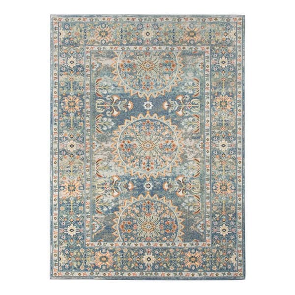 Blue, Orange 2 ft. x 3 ft. Loomed Floral;Medallion Polypropylene Rectangle Indoor/Outdoor Area Rug