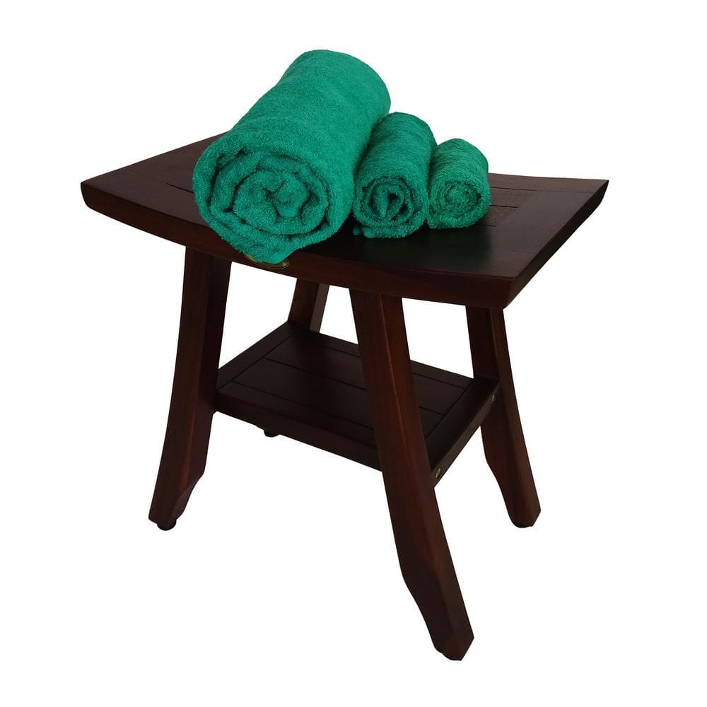 Compact Woodland Brown Teak Shower Bench with Storage Shelf