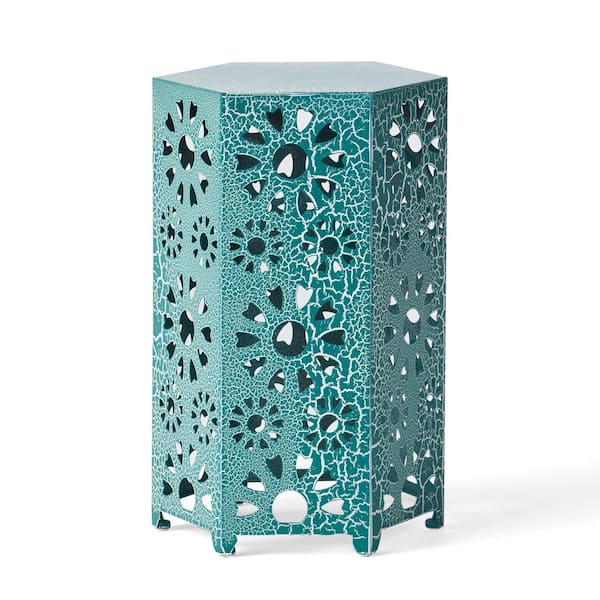 Zeus & Ruta 14 in. x 12 in. x 22 in. Crackle Teal Metal Outdoor Hexagon Side Table Accent Table for Balcony, Porch, Lawn
