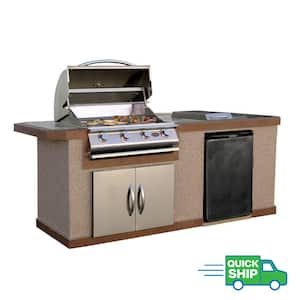 7 ft. Stucco Grill Island with Tile Top and 4-Burner Gas Grill in Stainless Steel