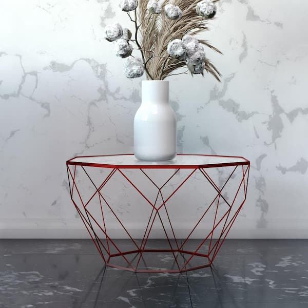 Malibu 22 in. Octagon Coffee Table Modern Tempered Glass Tabletop Geometric Metal Frame Accent Table in Red