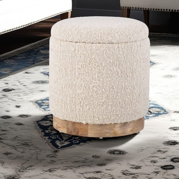 Carolina Chair & Table Handwoven Hestia Cream Wool 16 in. Round Storage Ottoman with Wood Base