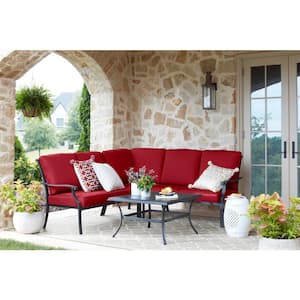 Redwood Valley Black 4-Piece Steel Outdoor Patio Sectional Sofa Set with CushionGuard Chili Red Cushions