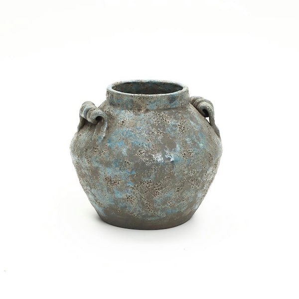 9 in. Antiqued Blue & Brown Terracotta Vase with Handles, Round Farmhouse Vintage Pottery