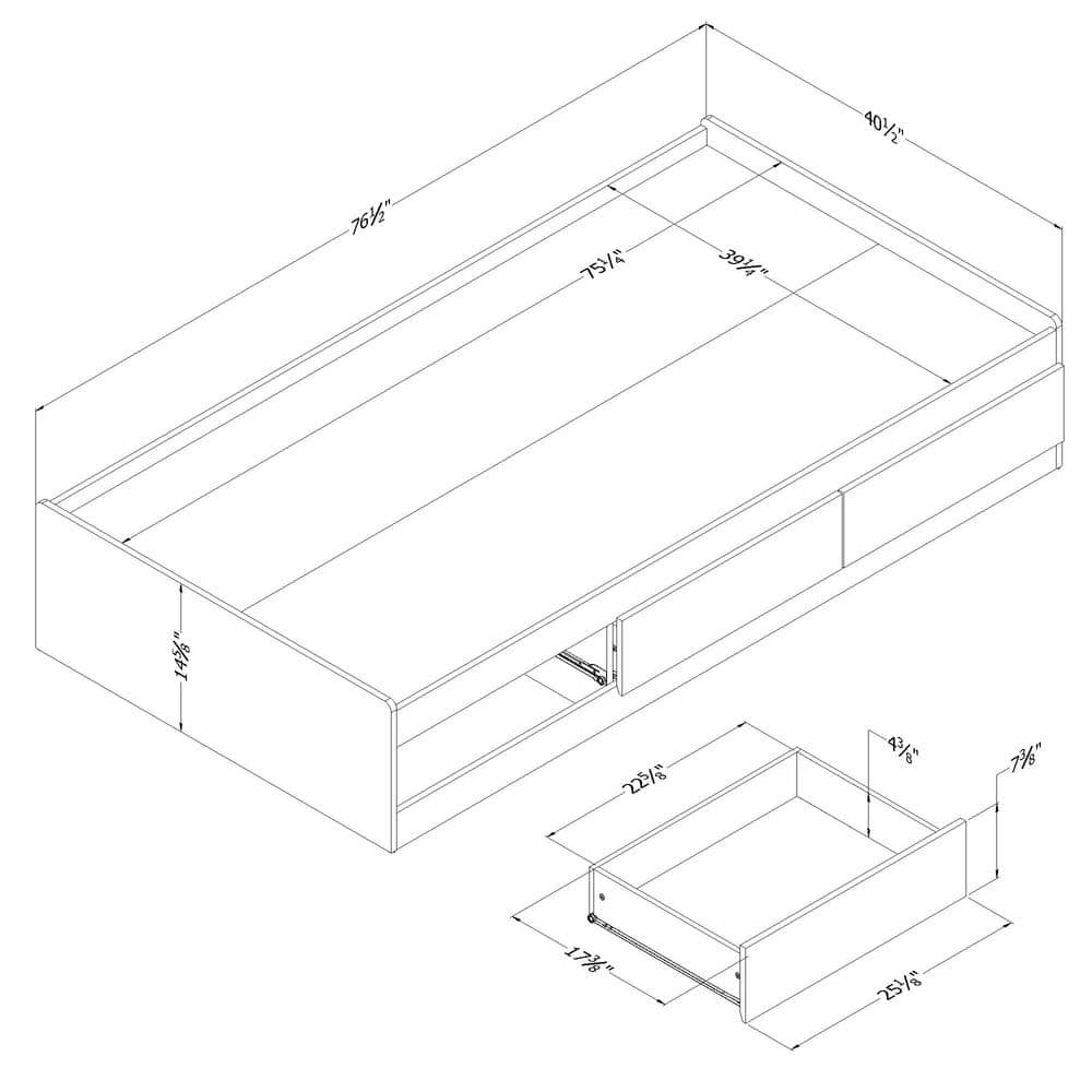 Twin Gray Oak Platform Bed with 3 Storage Drawers