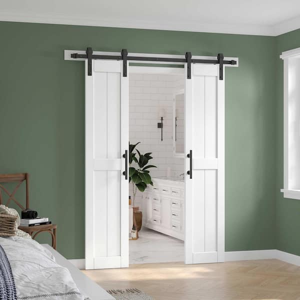 36 in. x 84 in. (Double 18 inch) White Paneled H Shape Solid MDF Sliding Barn Door with Hardware Kit