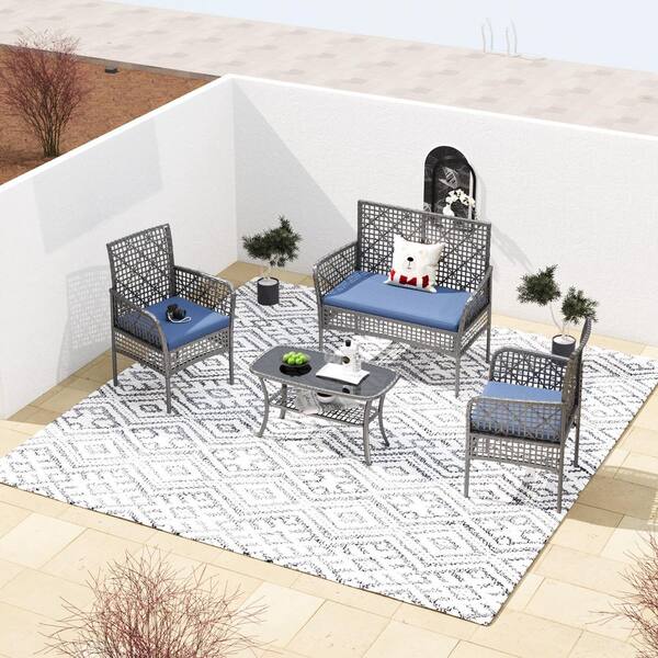 4-Piece Metal Outdoor Patio Conversation Sectional Set with Blue