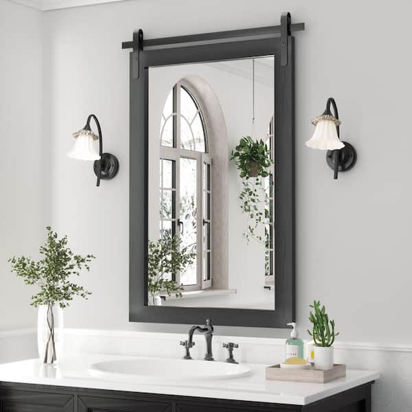 PAIHOME 24 in. W x 36 in. H Large Square Mirrors Wood Framed Mirrors Wall Mirrors Bathroom Vanity Mirror Barn Mirror in Black