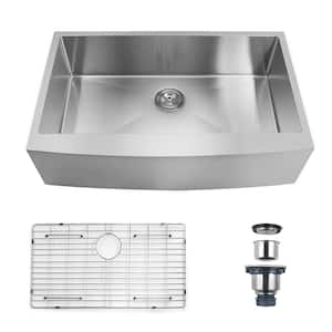 33 in. Farmhouse Single Bowl 18 Gauge Brushed Chrome Bowl Stainless Steel Kitchen Sink with Bottom Grids