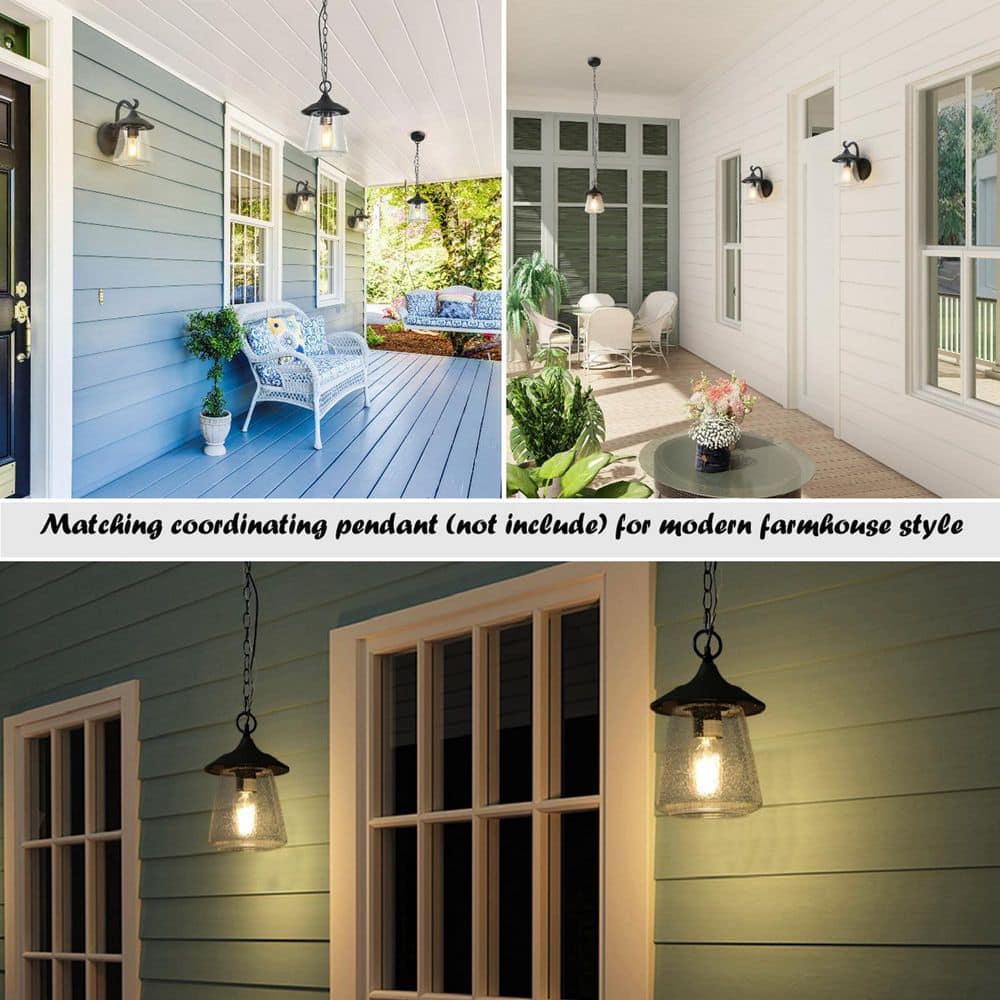 Modern Black Metal Outdoor Lantern Sconce with Seeded Glass