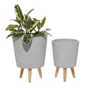14 in. and 16 in. Grey Textured Round Fiberclay Planters (Set of 2)