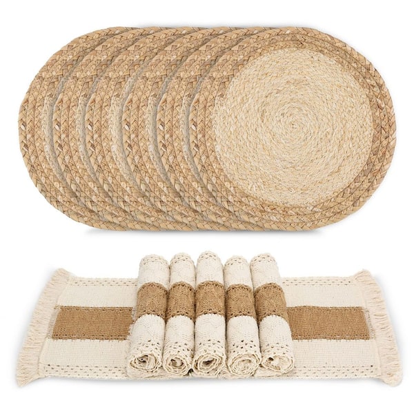 12 in. x 0.1 in. Linen Handmade Boho Placemats, Burlap and Water Straw Woven Combination Table Mats, Brown (6-Pack)