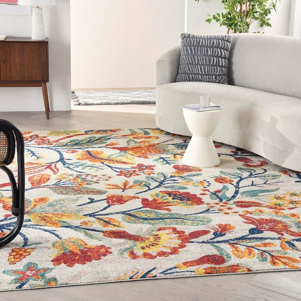 Allur Ivory Multicolor 8 ft. x 10 ft. Floral Medallion Area Rug