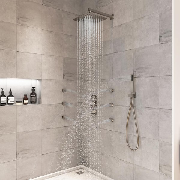 Luxury Thermostatic 2-Spray Patterns 12 in. Flush Wall Mount Rainfall Dual Shower Heads with 6-Jets in Brushed Nickel