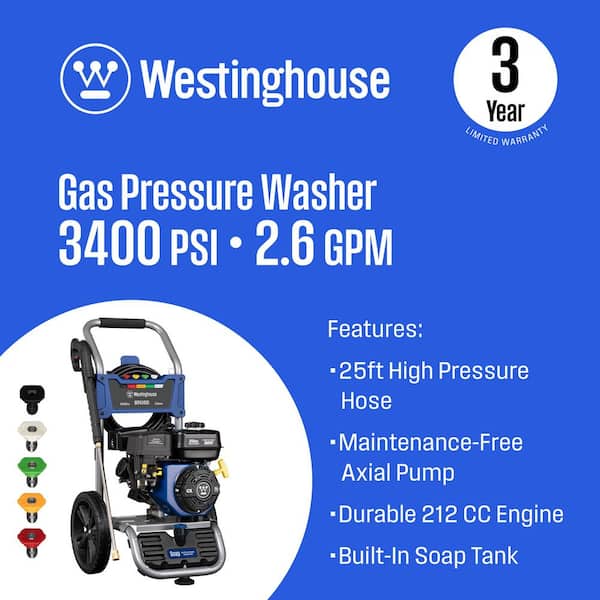 3400 PSI 2.6 GPM Gas Powered Axial Cam Pump Cold Water Pressure Washer with Soap Tank and 5 Quick Connect Tips