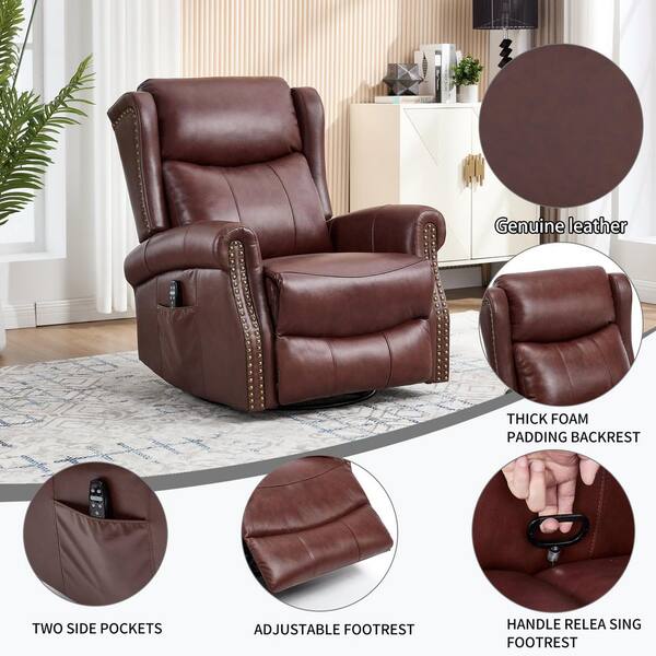 aisword Wine Red Genuine Leather Manual Swivel Glider Recliner