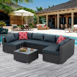 7-Piece Gray Seasonal PE Wicker Outdoor Patio Conversation Set with Tempered Glass Coffee Table and Gray Cushions