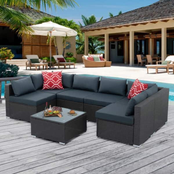 Misopily 7-Piece Gray Seasonal PE Wicker Outdoor Patio Conversation Set with Tempered Glass Coffee Table and Gray Cushions