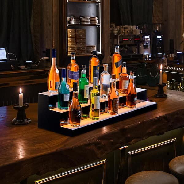 LED Lighted Liquor Bottle Display, 3 Tiers 48 In. Commercial Illuminated Home Bar Shelf, 3 Steps Whiskey Rack Stand