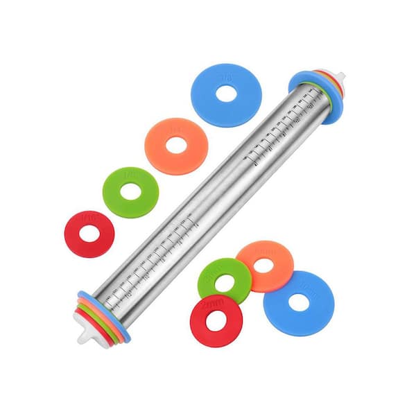 17" Stainless Steel Rolling Pin w 4 Removable Thickness Rings, Dough Roller for Cookie Decorating Cake Fondant Baking