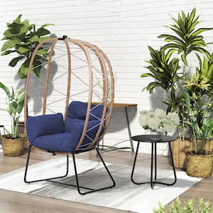 Woven Navy Wicker Outdoor Lounge Egg Chair with Coffee Table and Navy Cushion