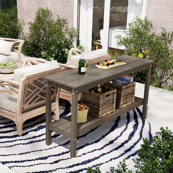 Polytrends Laguna HDPE All Weather Outdoor Patio Two Shelf Table Weathered Wood