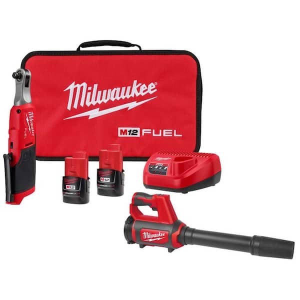 M12 FUEL 12V Lithium-Ion Brushless High Speed 3/8 in. Cordless Ratchet Kit w/(2) Batteries, Charger, Bag & Spot Blower