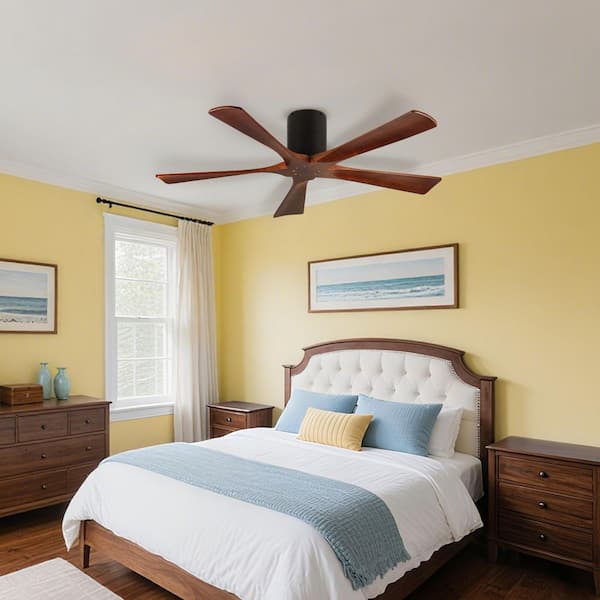 LINJO 52 in. Indoor Matte Black 5 Solid Walnut Wood Fan Blades Flush Mount Ceiling Fan For Living Room or Bedrooms