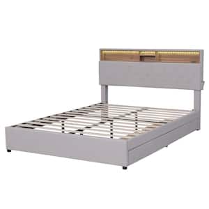 Beige Linen Wood Frame Queen Size Platform Bed with Storage Headboard and USB Charging