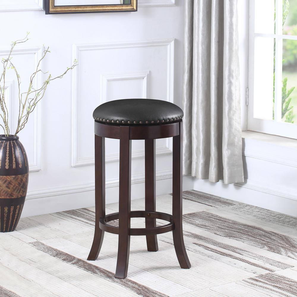 Elegant Swivel Backless 29" Wooden Bar Stool with Nailhead Trim