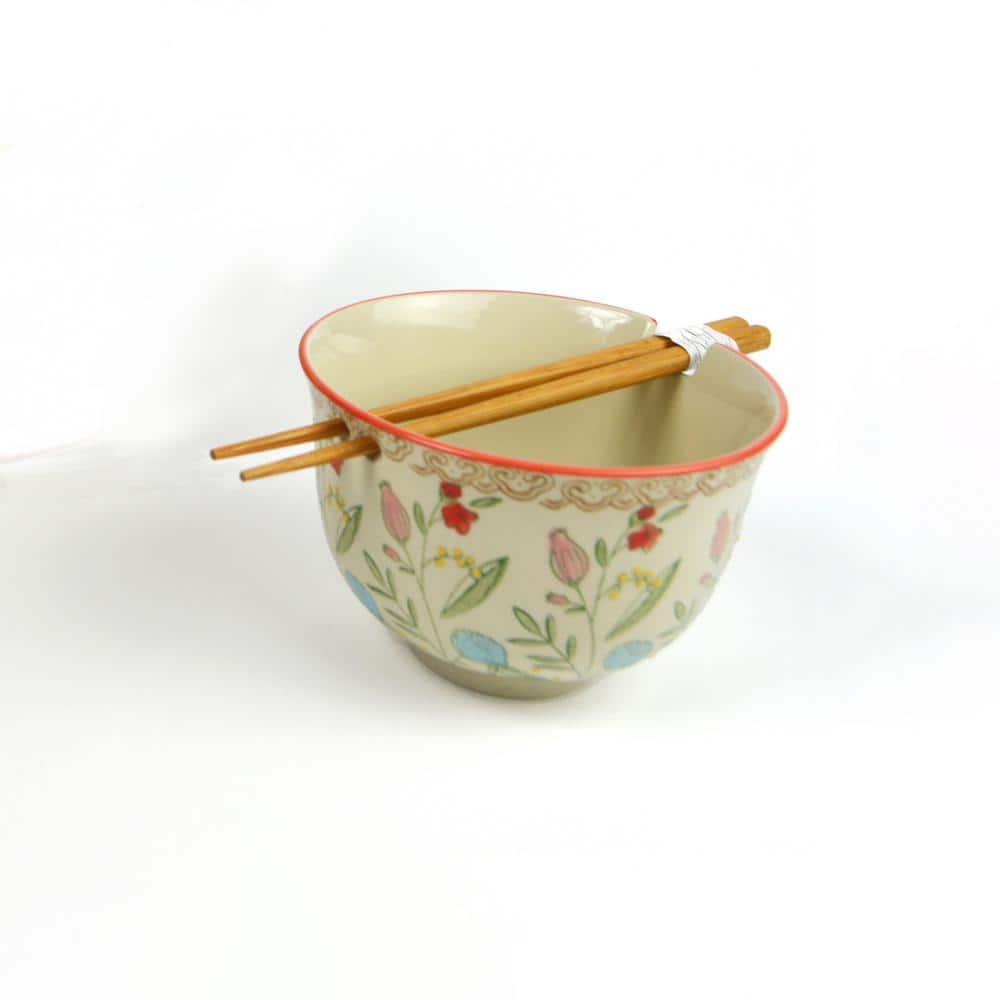 Euro Ceramica Ella Ramen Bowls Set with Chopsticks Red Service for 2