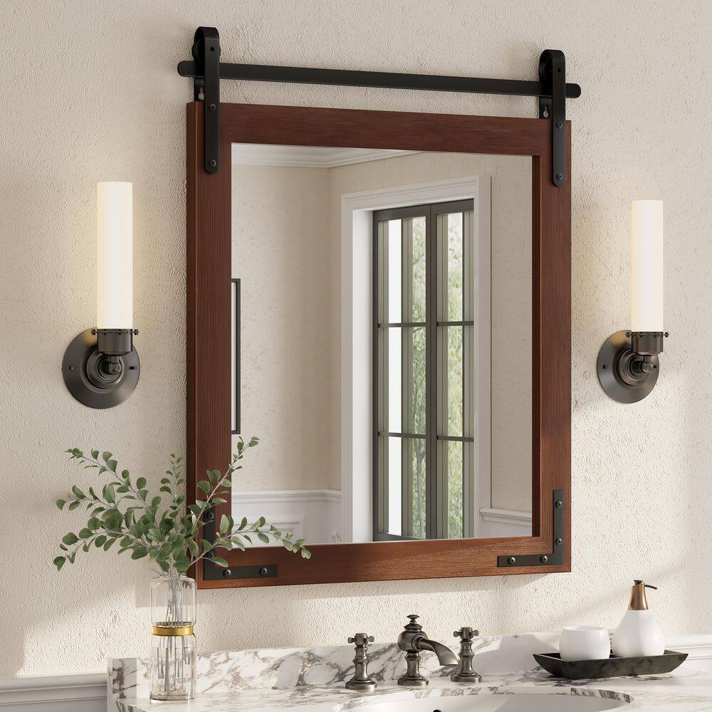 30 in. W x 36 in. H Rectangular Rustic Farmhouse Solid Wood Framed & Tempered Glass Wall Bathroom Vanity Mirror in Brown price history on PriceWatchPro