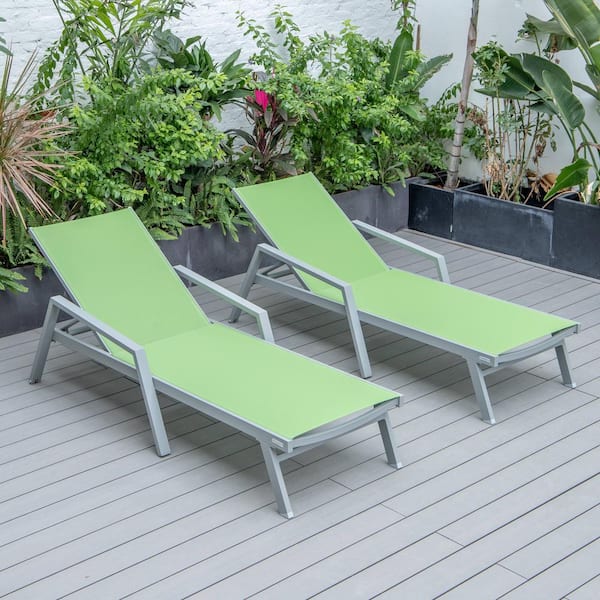 Leisuremod Grey Powder Coated Aluminum Frame Marlin Modern Patio Chaise Lounge Arm Chair with Green (Set of 2)