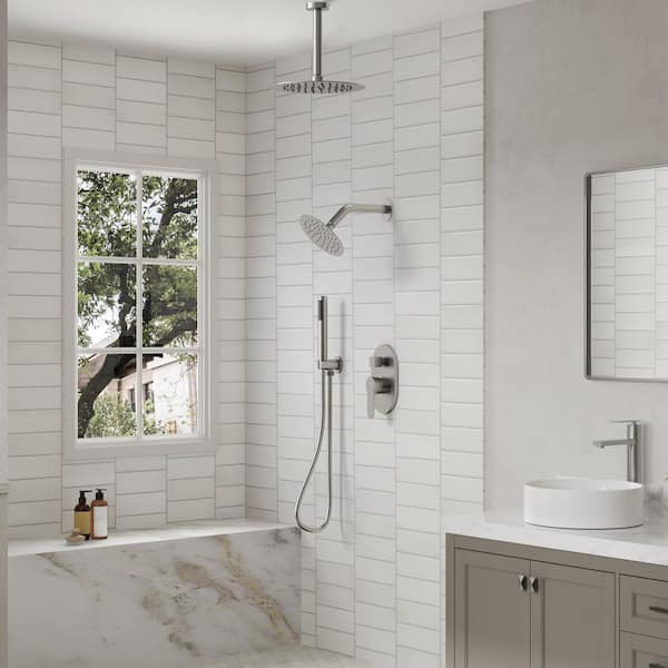 3-Spray Patterns Round Fixed Shower Head 10 and 6 in. with 2.5 GPM Ceiling Mount Dual Shower Heads in Brushed Nickel