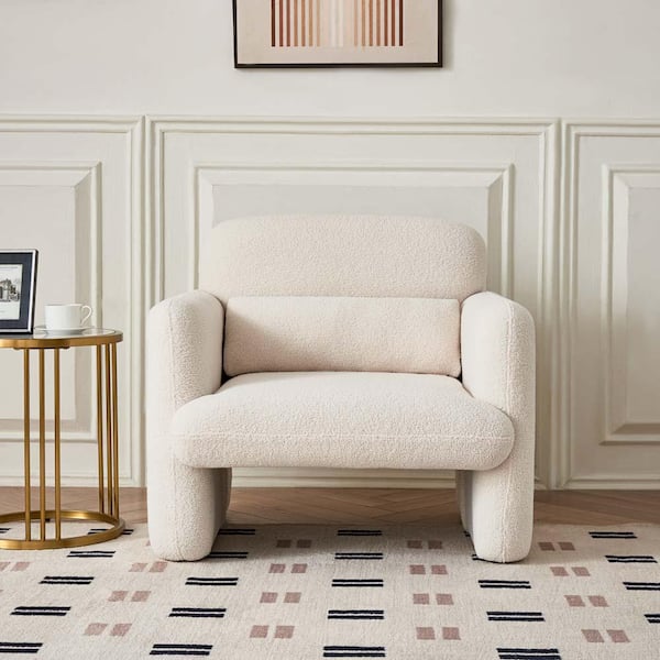 wetiny 34 in. Wide Straight Arm Lamb Fleece Fabric Rectangle Modern Single Sofa in Beige with Support Pillow