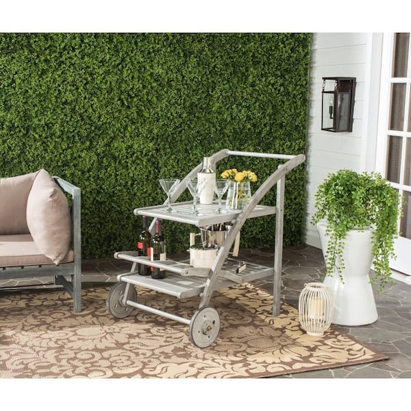 Lodi Grey Wash/Beige Acacia Wood Outdoor Bar Cart with Wheels