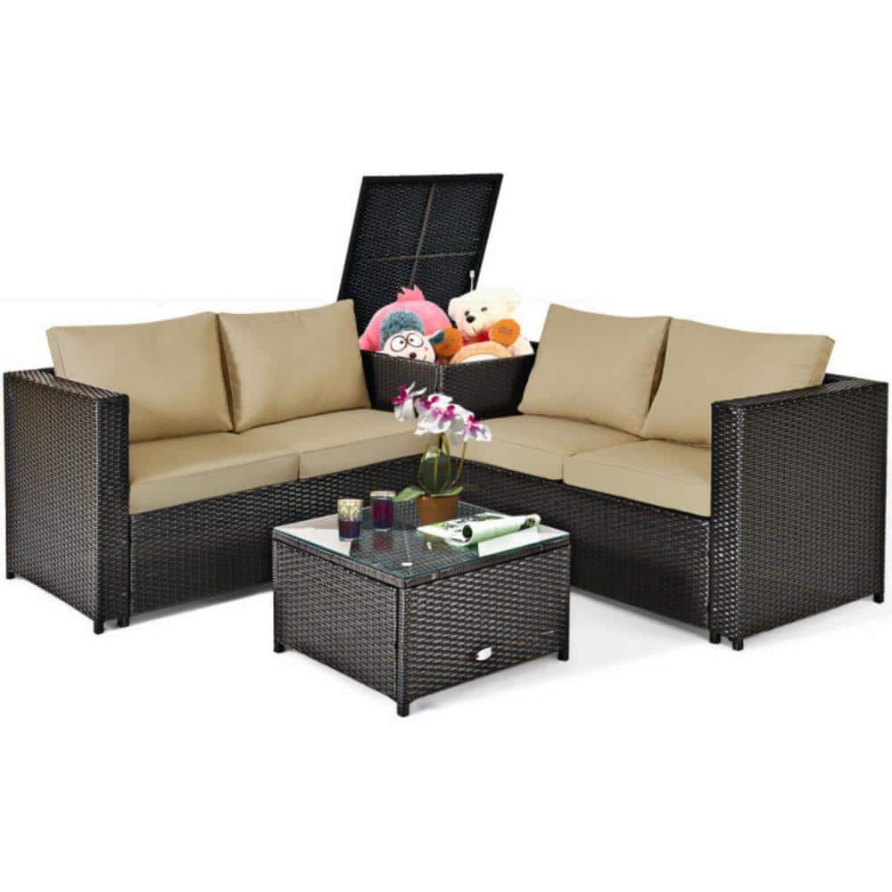 Brown 4-Piece Rattan Wicker Outdoor Patio Set with Cushions