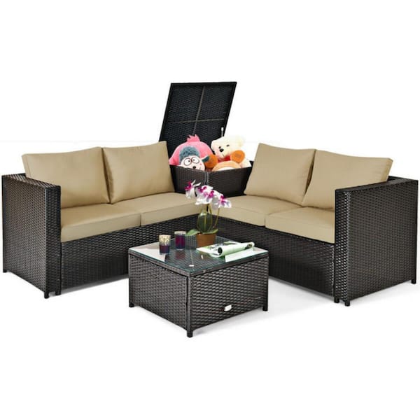 Clihome 4-Piece Wicker Outdoor Patio Conversation Set Rattan Furniture Set with Brown Cushions, Loveseat and Storage Box