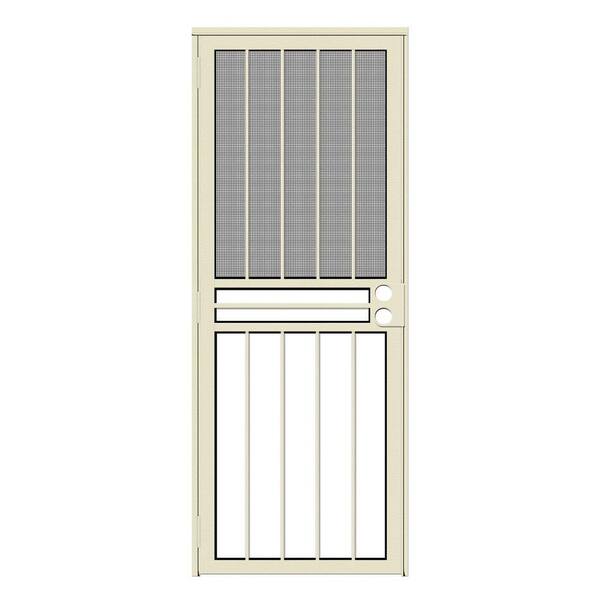 Unique Home Designs 30 in. x 80 in. Paladin Almond Recessed Mount All Season Security Door with Insect Screen and Glass Inserts