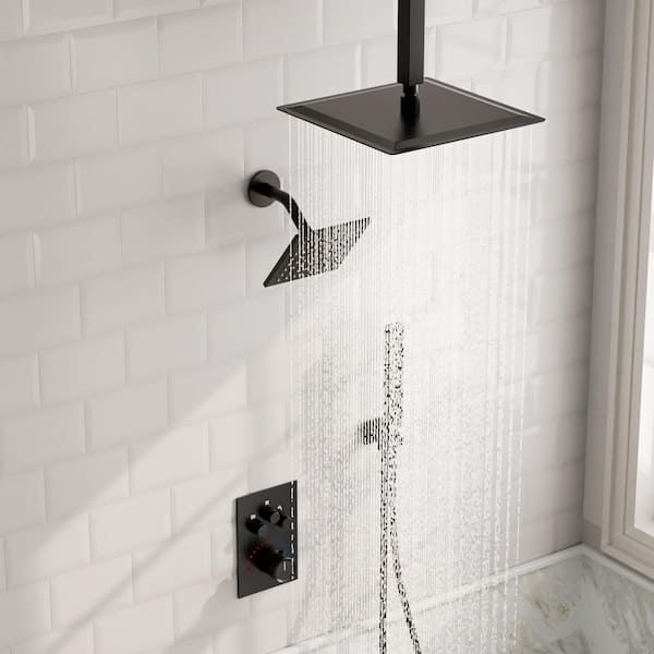 Multiple Press 12 in. Triple Handle 6-Spray Shower Faucet 2.5 GPM with Anti Scald in Matte Black Valve Included