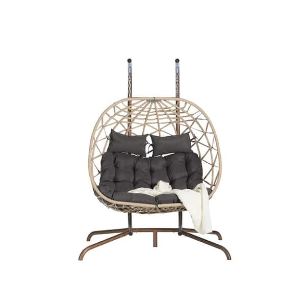 Unbranded 2 Person Wicker Outdoor Rattan Hanging Chair Patio Swing Wicker Egg Chair With Dark Gray Cushion