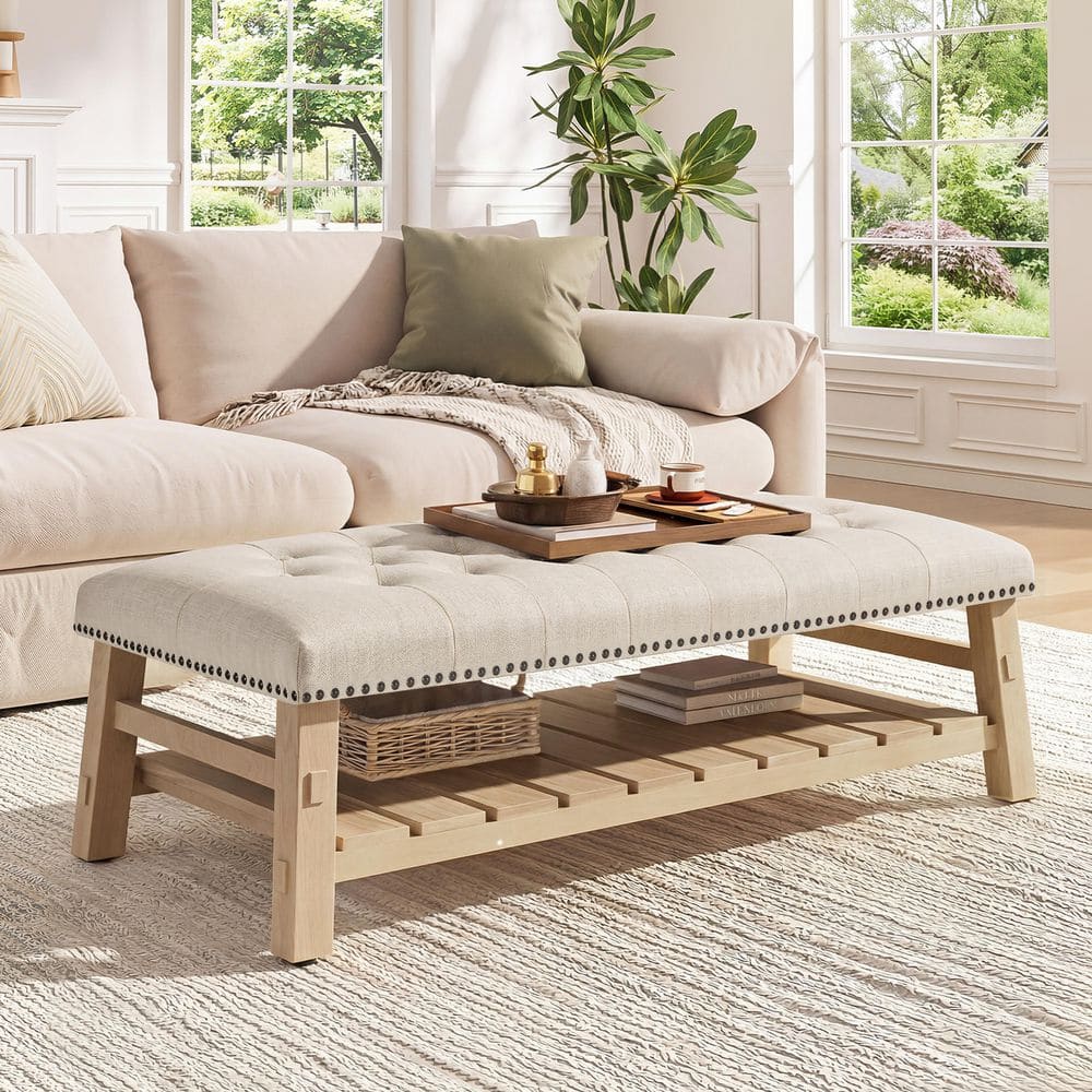Beige Linen Button Tufted Ottoman with Nailhead Trim, Storage Shelf and Solid Rubberwood Legs price history on PriceWatchPro
