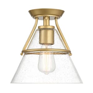Greylock 10 in. 1-Light Vintage Gold Cone Semi-Flush Mount Ceiling Light with Clear Seeded Glass Shade