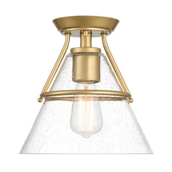 Hampton Bay Greylock 10 in. 1-Light Vintage Gold Cone Semi-Flush Mount Ceiling Light with Clear Seeded Glass Shade